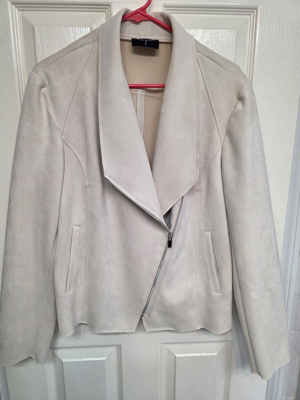 Elie Tahari faux suede draped moto jacket.